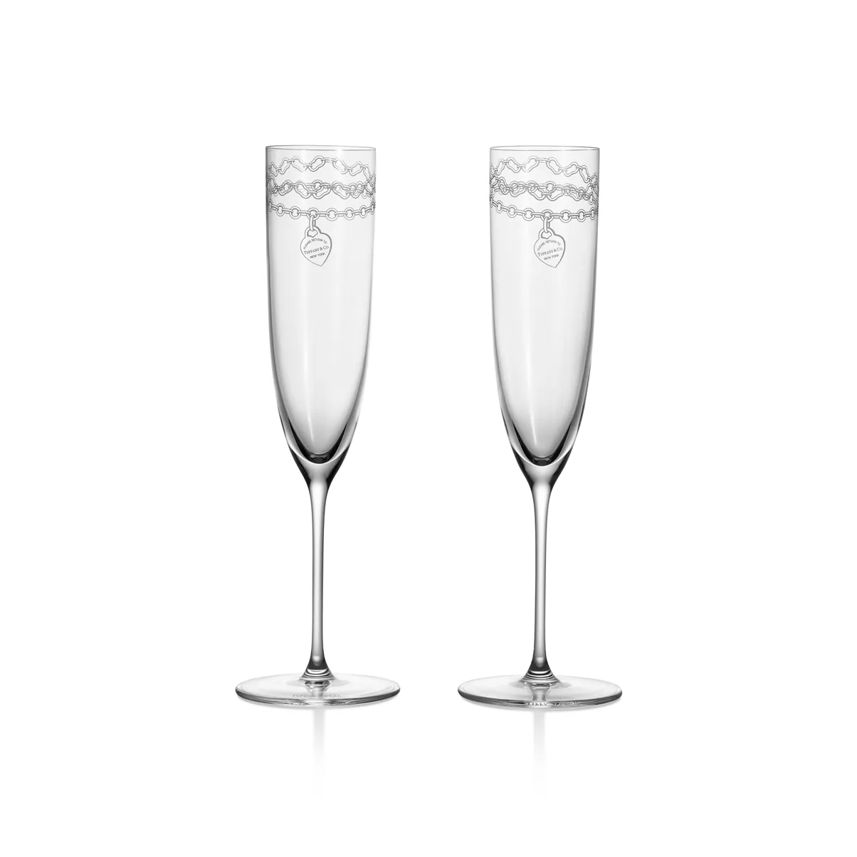 Etched Champagne Glasses Set of Two, in Crystal Glass