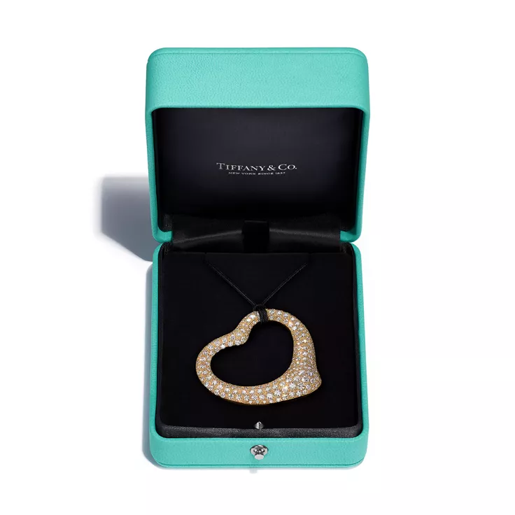 Elsa Peretti®:Open Heart Pendant in Yellow Gold with Pavé Diamonds and Black Silk, 4