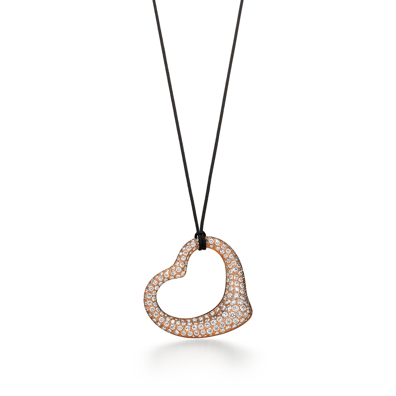 Elsa Peretti®:Open Heart Pendant in Rose Gold with Pavé Diamonds and Black Silk image number 0