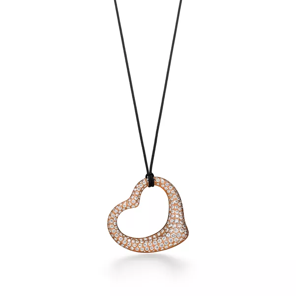 Open Heart Anhänger in Roségold mit Pavé-Diamanten und schwarzer Seide