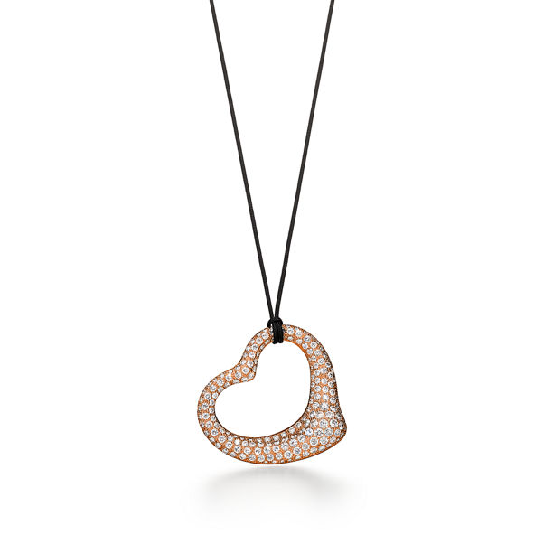 Elsa Peretti®:Open Heart Pendant in Rose Gold with Pavé Diamonds and Black Silk