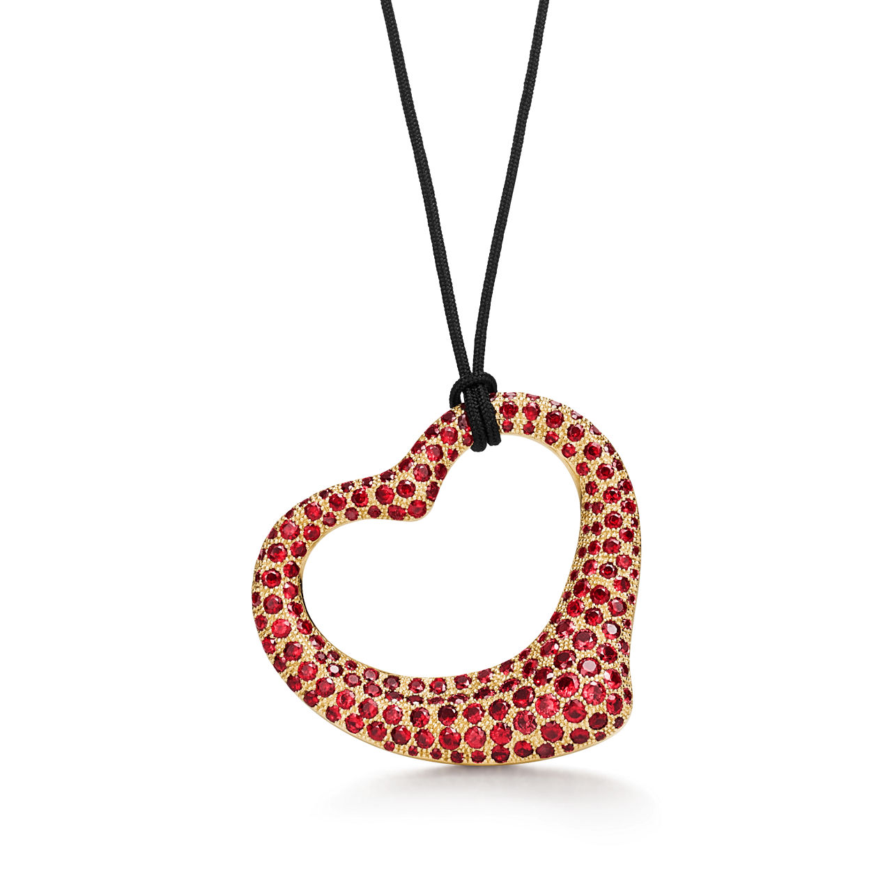 Open Heart Silk Pendant in Yellow Gold with Rubies and Black Silk