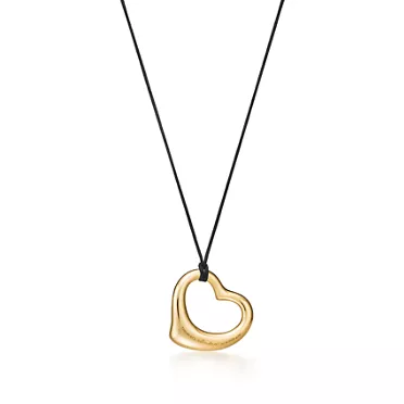 Elsa Peretti®:Open Heart Pendant in Yellow Gold with Pavé Diamonds & Black Silk, 2