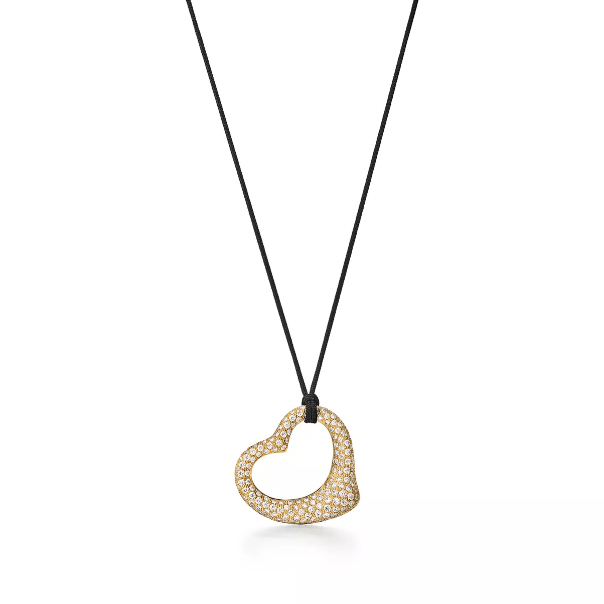 Open Heart Anh&auml;nger in Gelbgold mit Pav&eacute;-Diamanten und schwarzer Seide