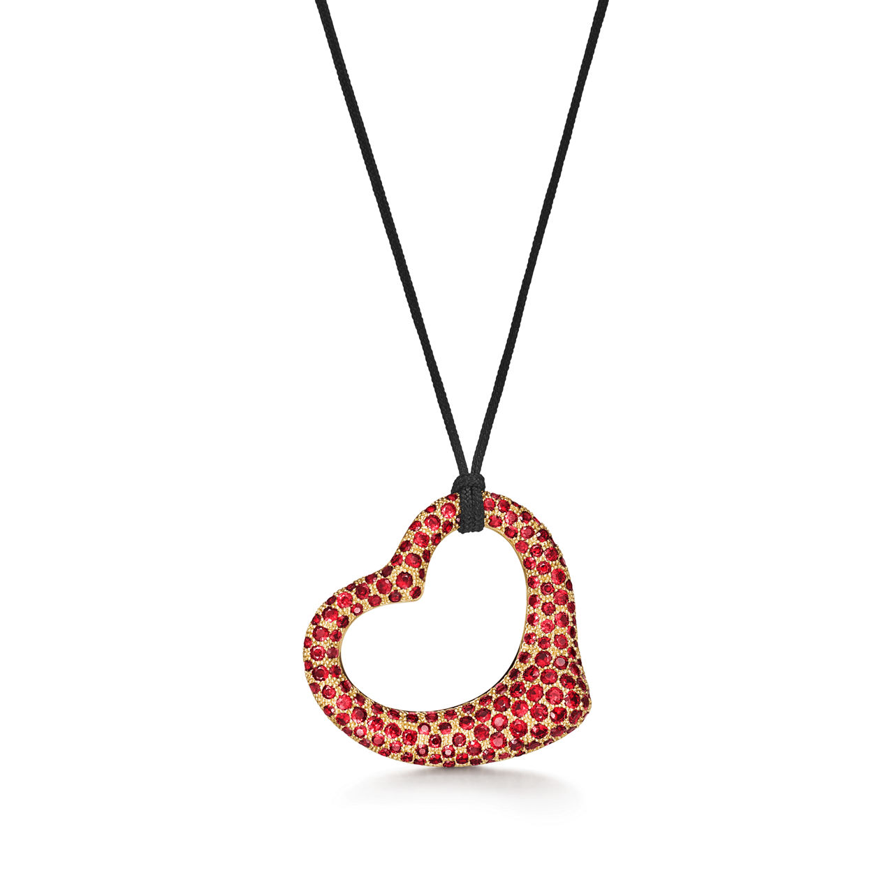 Open Heart Silk Pendant in Yellow Gold with Rubies and Black Silk