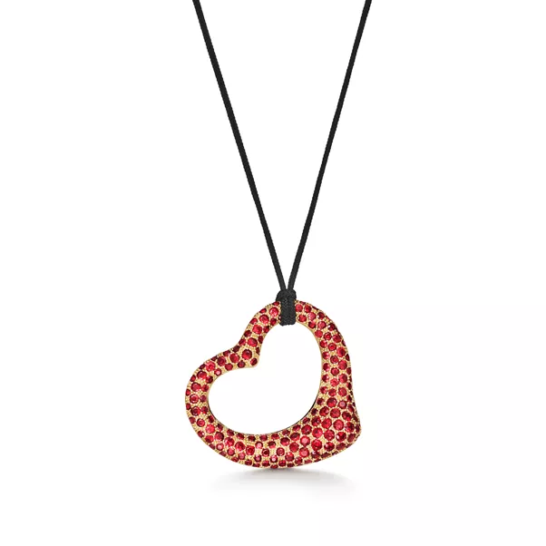 Open Heart Silk Pendant in Yellow Gold with Rubies and Black Silk