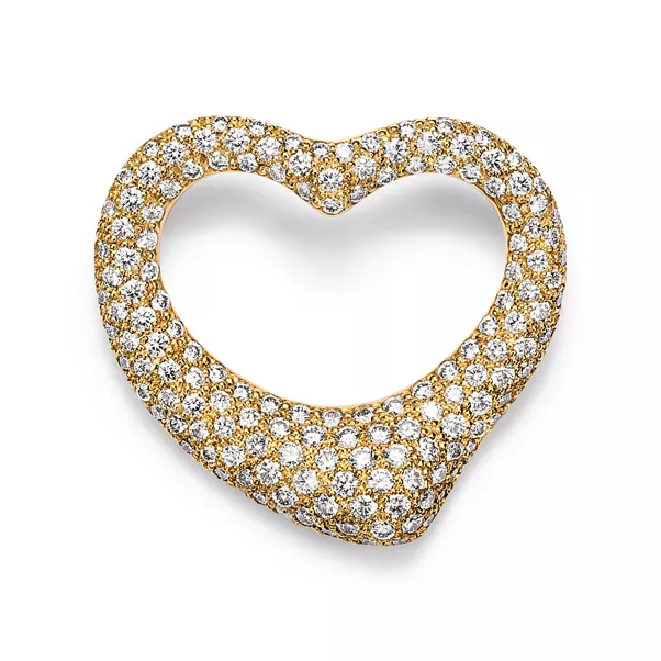 Open Heart Brooch in Yellow Gold with Pavé Diamonds