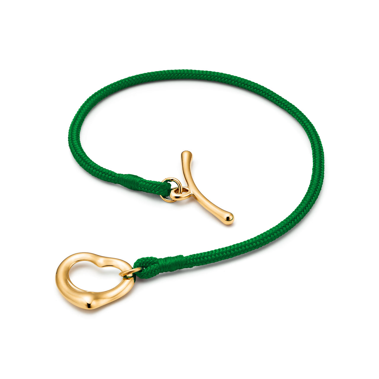 Open Heart Armband in Gelbgold an einer grünen Seidenkordel