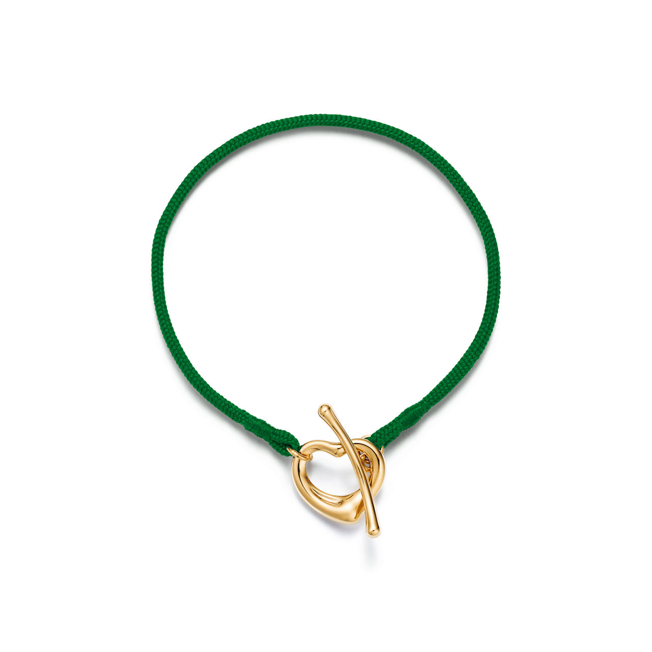 Open Heart Armband in Gelbgold an einer grünen Seidenkordel