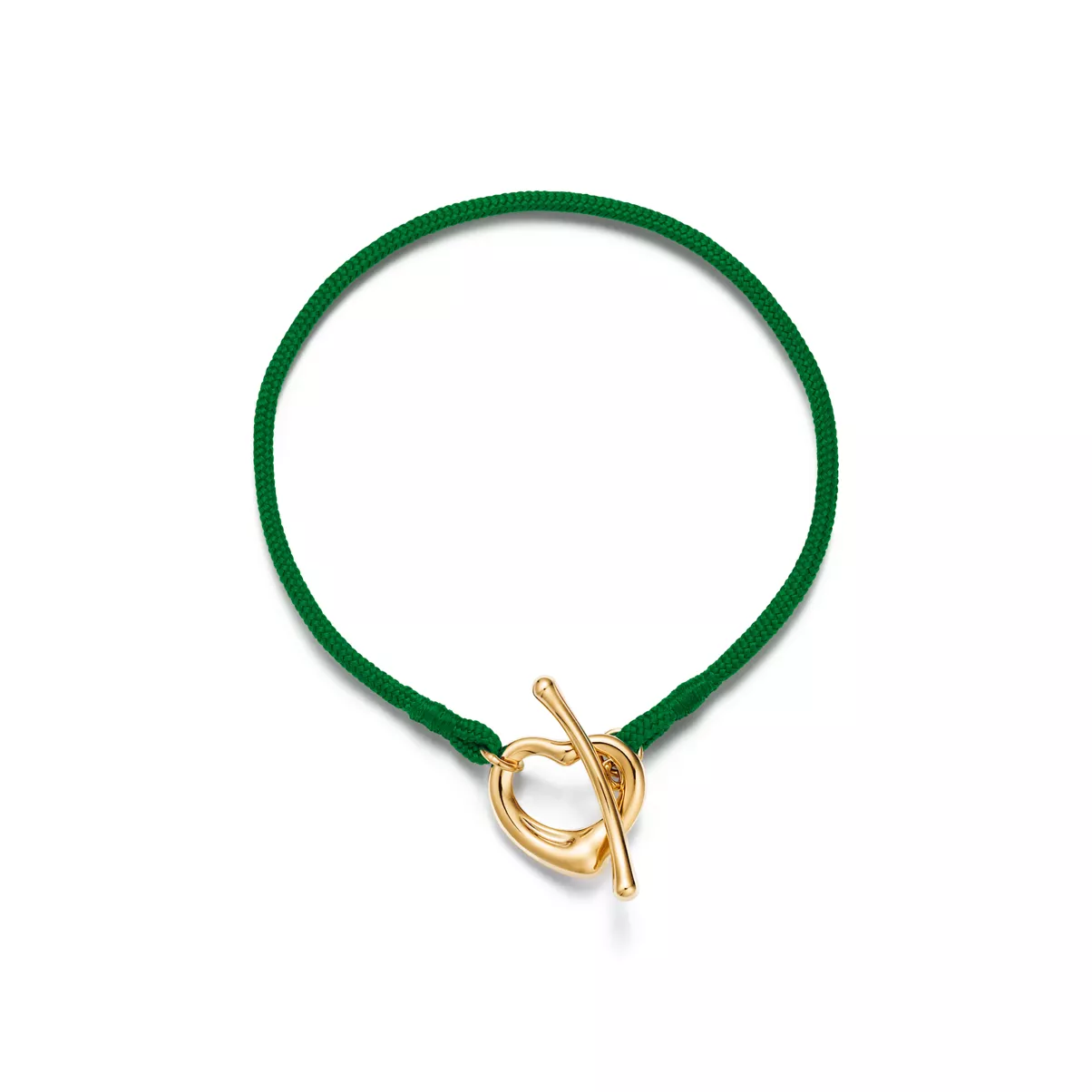 Open Heart Bracelet in Yellow Gold on a Green Silk Cord