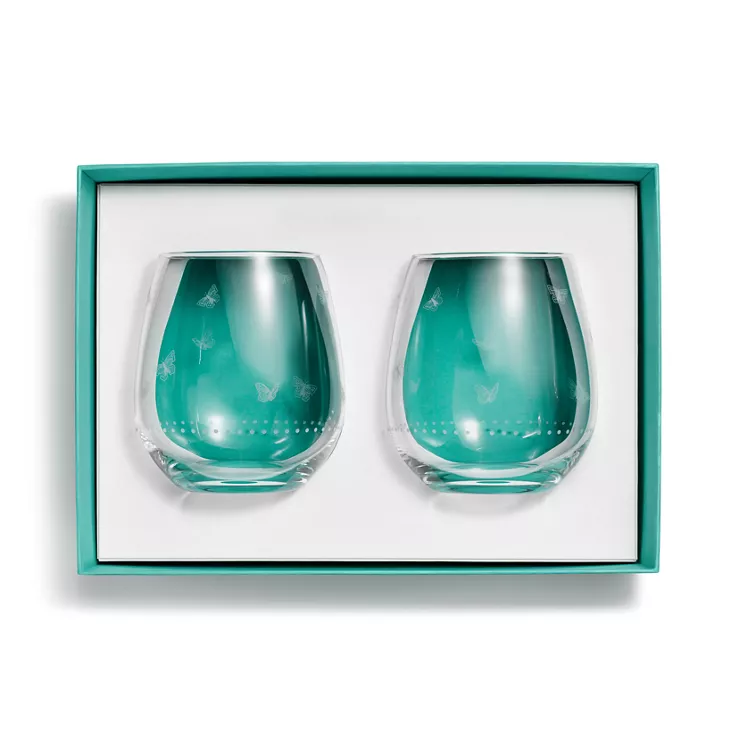 Tiffany Jardin:Vasos de vino tinto de cristal grabado, juego de dos, 2