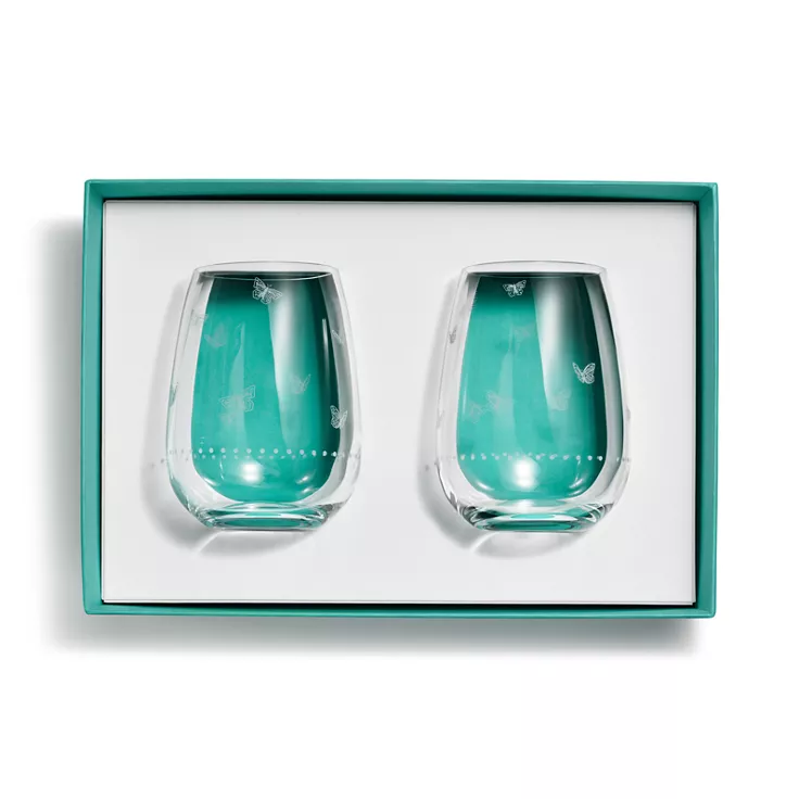Tiffany Jardin:Stemless White Wine Glasses in Etched Glass, Set of Two, 2