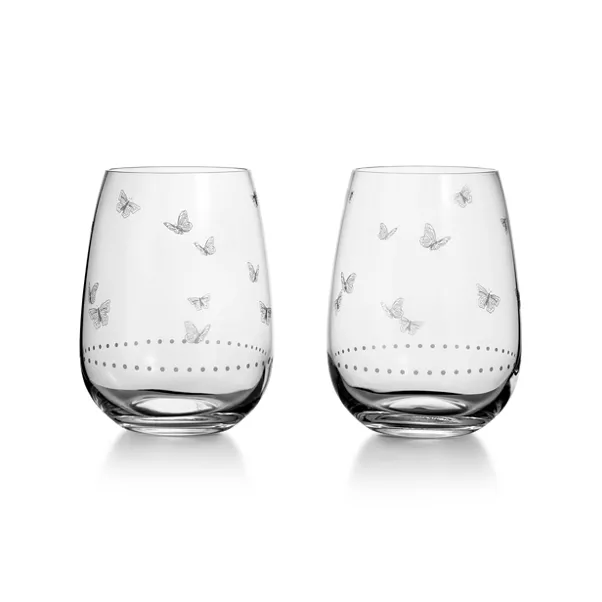 Stemless White Wine Glasses in Etched Glass, Set of Two