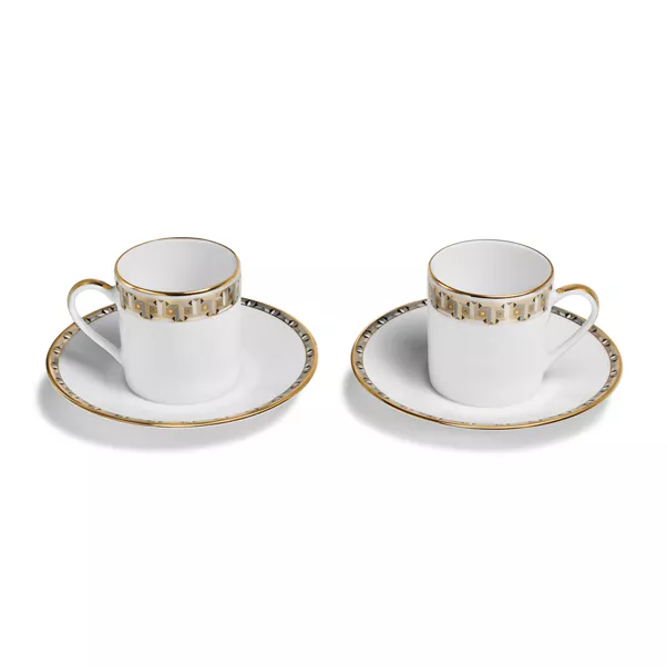 Taza de café expreso y plato con bordes de oro, juego de dos