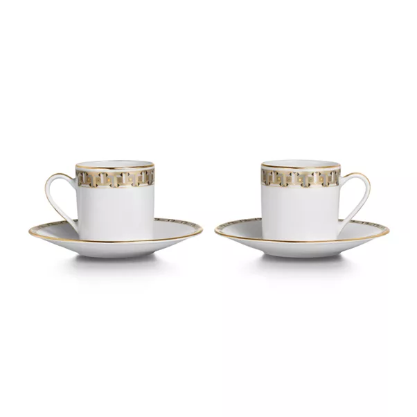 Taza de café expreso y plato con bordes de oro, juego de dos