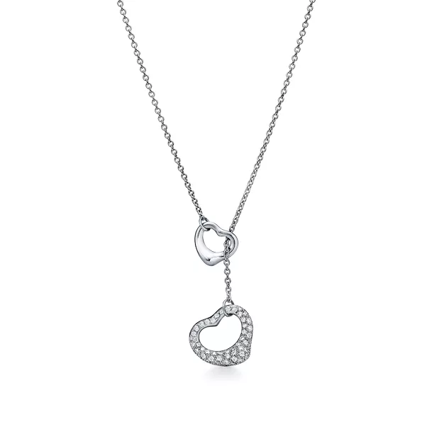 Open Heart Necklace in Platinum with Pavé Diamonds