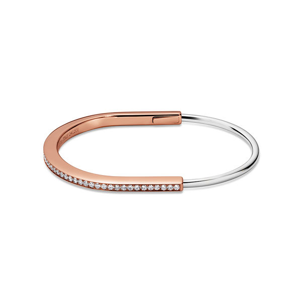 Tiffany Lock:Narrow Bangle in Rose and White Gold with Half Pavé Diamonds