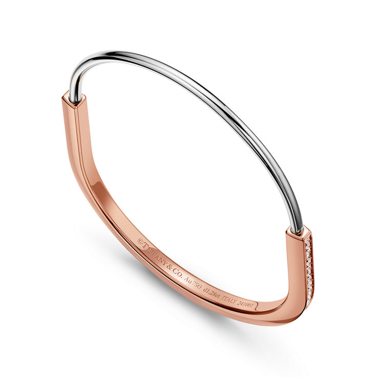 Tiffany Lock:Narrow Bangle in Rose and White Gold with Half Pavé Diamonds image number 4