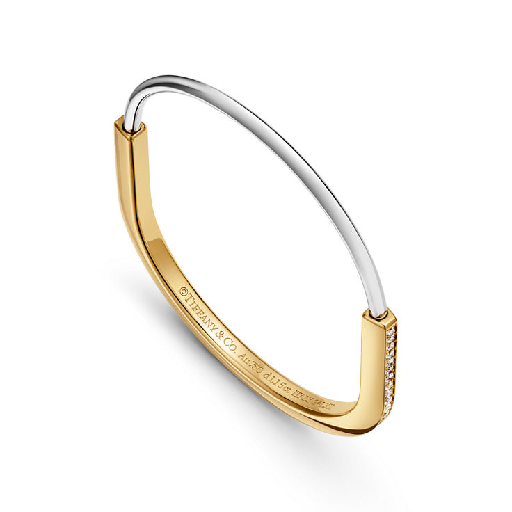 Tiffany Lock:Narrow Bangle in Yellow and White Gold with Half Pavé Diamonds image number 5