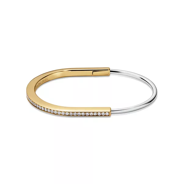 Narrow Bangle in Yellow and White Gold with Half Pav&eacute; Diamonds