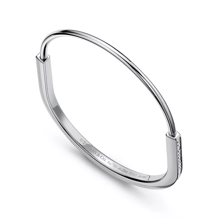 Tiffany Lock:Narrow Bangle in White Gold with Half Pavé Diamonds, 4