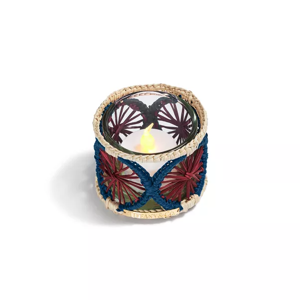 Bougeoir en cristal et raphia multicolore, collection de deux