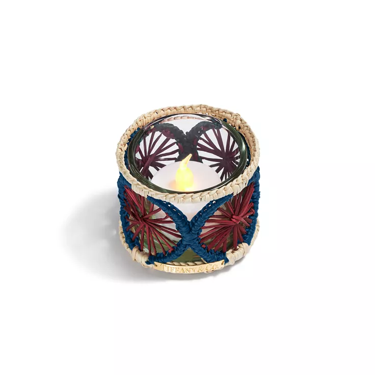 Tiffany Batik:Candleholder Set of Two, in Crystal Glass and Multicolored Raffia, 1