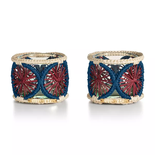 Bougeoir en cristal et raphia multicolore, collection de deux