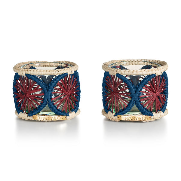 Tiffany Batik:Candleholder Set of Two, in Crystal Glass and Multicoloured Raffia