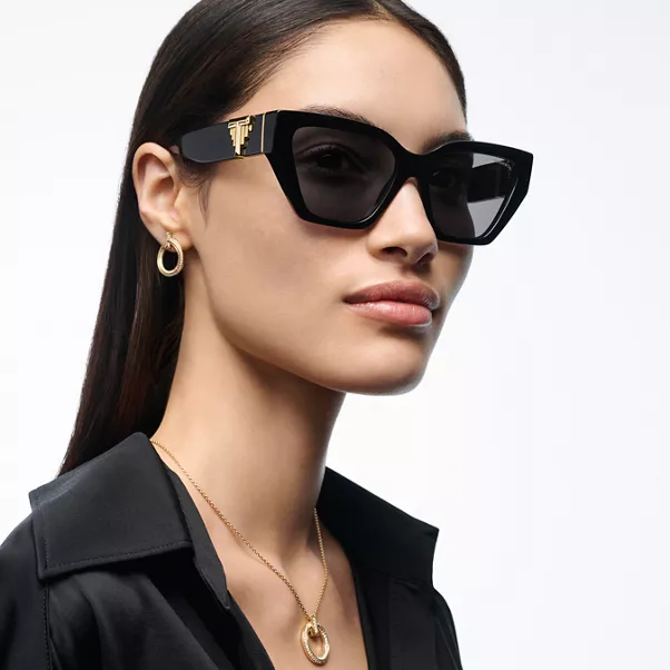Deco Sunglasses in Black Acetate, Gold-colored Metal & Gray Lenses