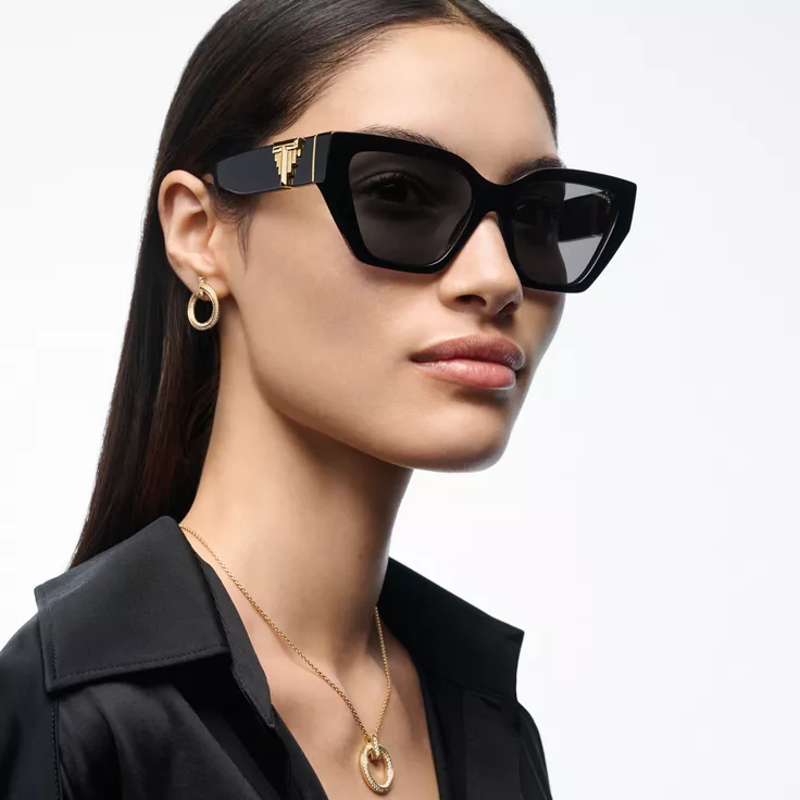 Tiffany T:Deco Sunglasses in Black Acetate, Gold-colored Metal & Gray Lenses, 1