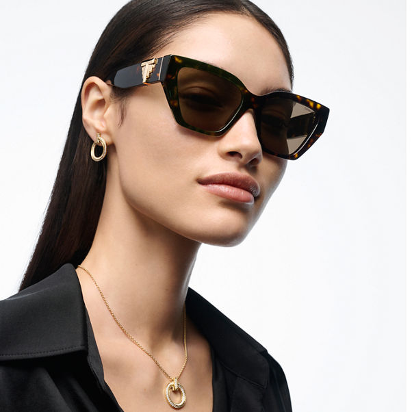 Tiffany T:Deco Sonnenbrille aus Acetat in Schildpatt, goldfarbenem Metall und braunen Gläsern