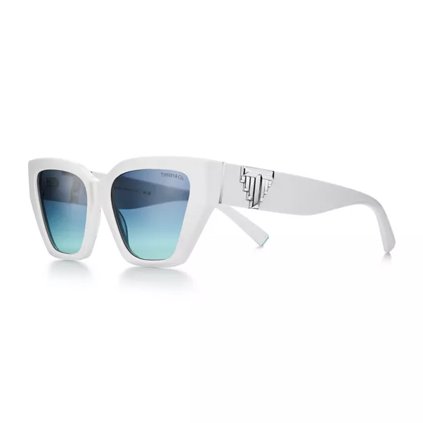 Gafas de sol Deco de acetato blanco y cristales color Tiffany Blue® degradado