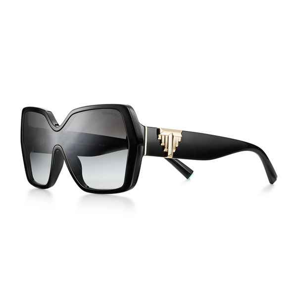 Tiffany T:Deco Sunglasses in Black Acetate, Gold-coloured Metal and Grey Lenses