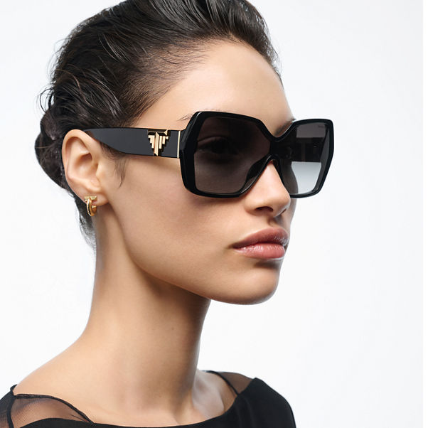 Tiffany T:Deco Sonnenbrille aus schwarzem Acetat, goldfarbenem Metall und grauen Gläsern