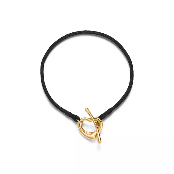 Open Heart Bracelet in Yellow Gold on a Black Silk Cord