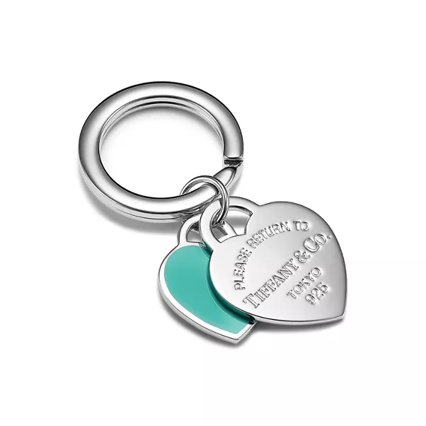 Double Heart Tag Key Ring in Silver with Tiffany Blue&reg; 