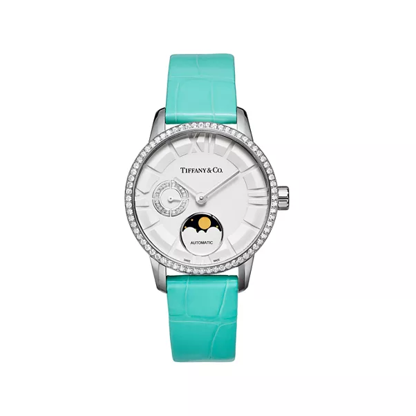 34 mm Moon Phase Mechanical Watch in Stainless Steel with Diamonds