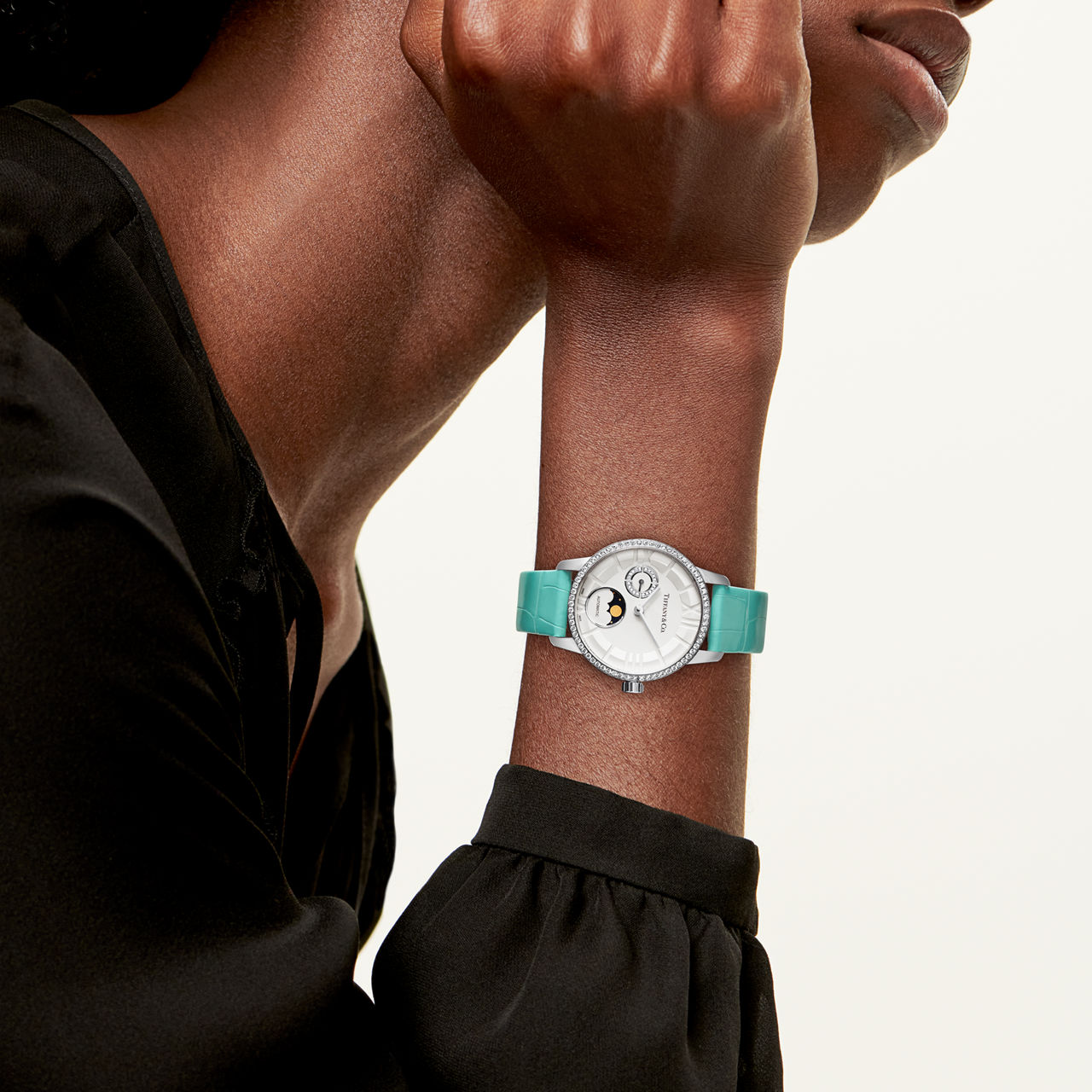 Reloj mecánico de 34 mm con fases lunares de acero inoxidable con diamantes