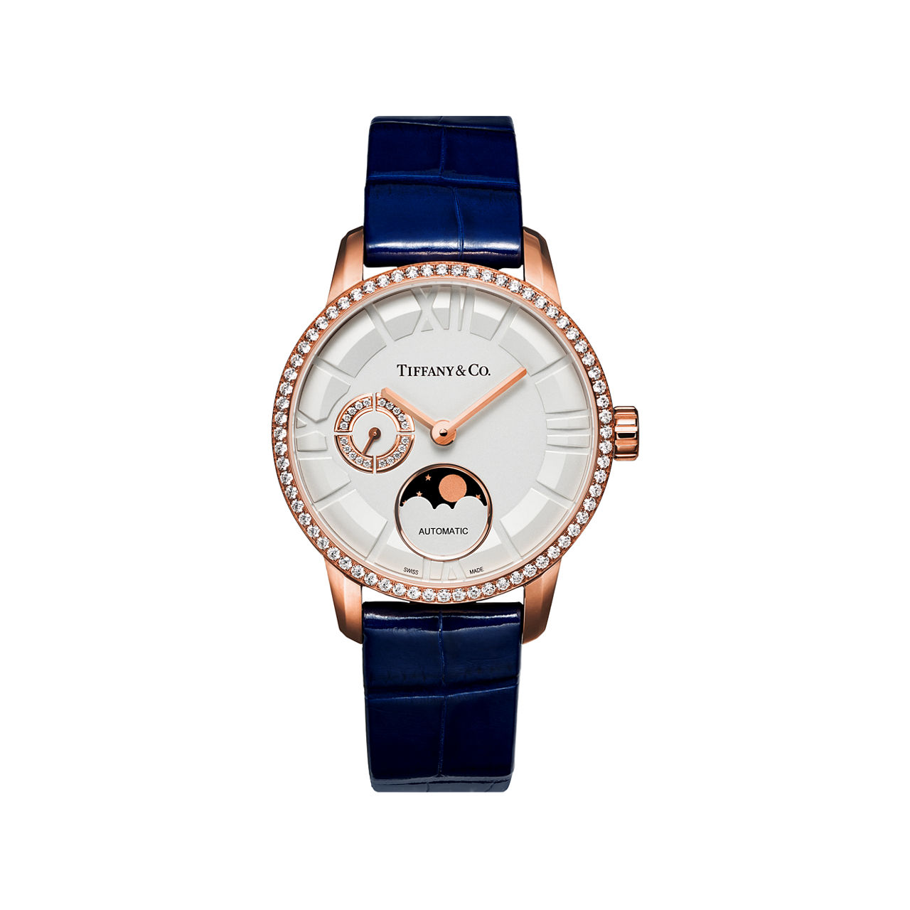 34 mm Moon Phase Mechanical Watch in Rose Gold with Diamonds