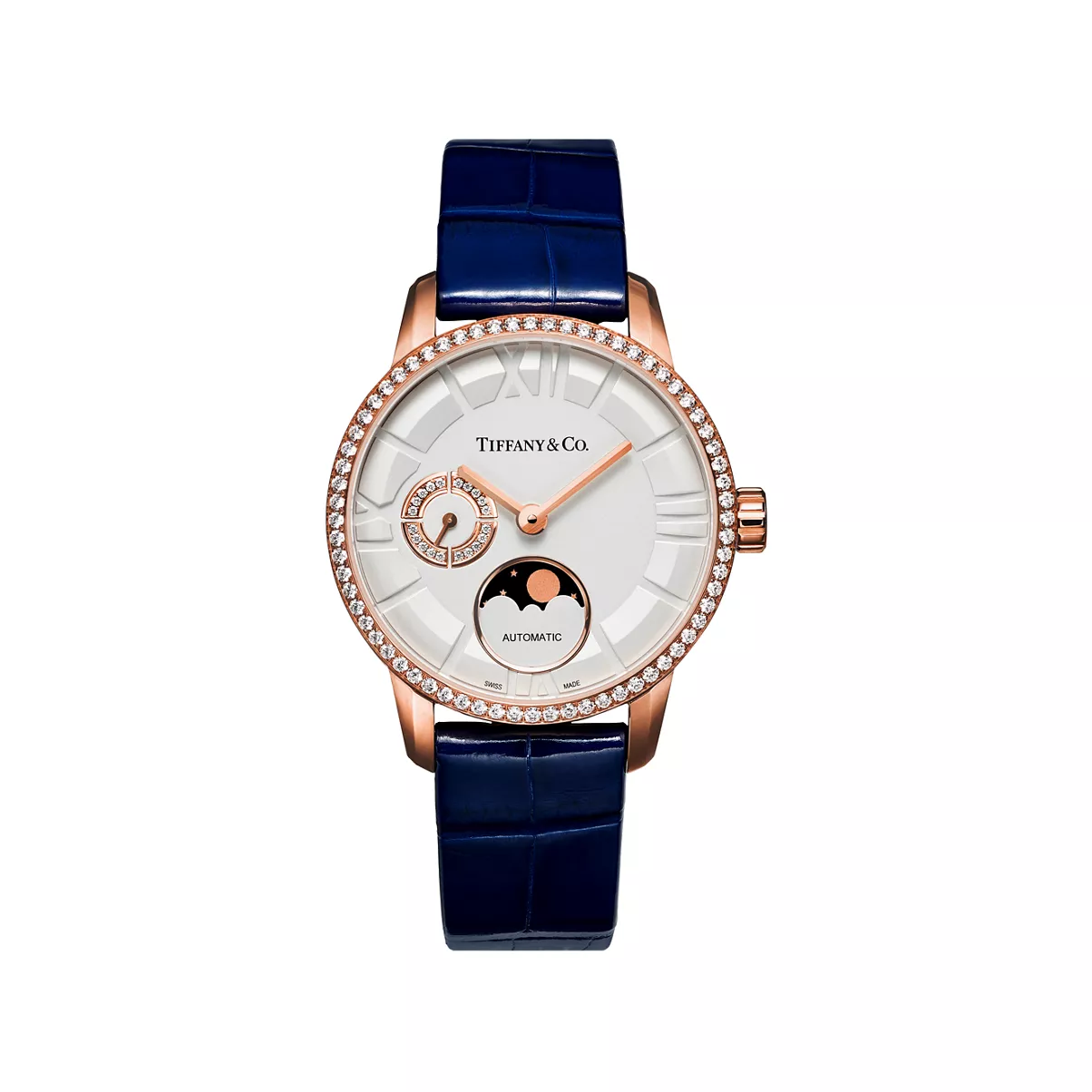 34 mm Moon Phase Mechanical Watch in Rose Gold with Diamonds