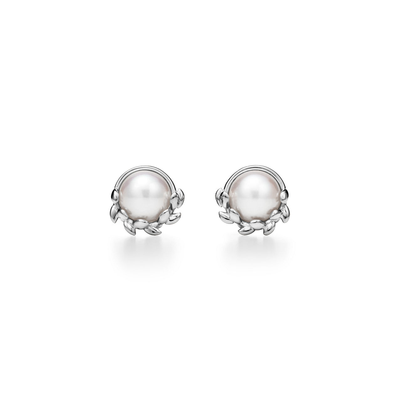 Olive Leaf Stud Earrings in Sterling Silver with Pearls