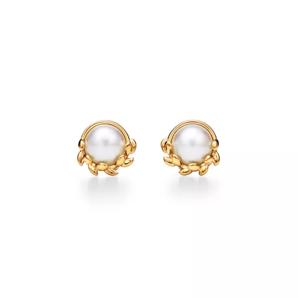 Olive Leaf Ohrstecker in Gelbgold mit Perlen