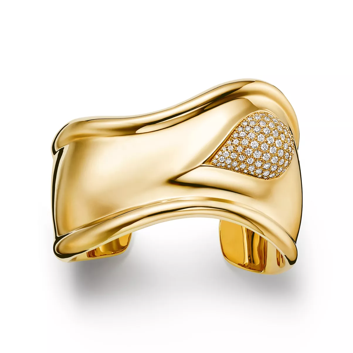 Bone Cuff in Yellow Gold with Pav&eacute; Diamonds, 43 mm Wide