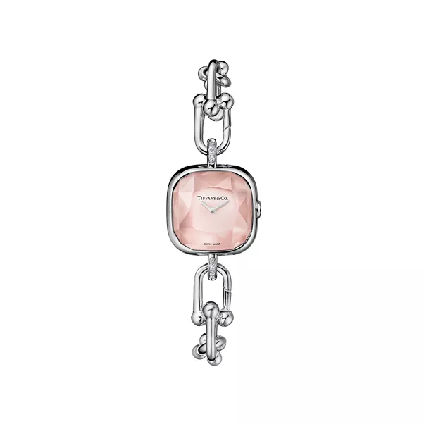 Uhr in Sterlingsilber und Diamanten mit rosa Perlmutt