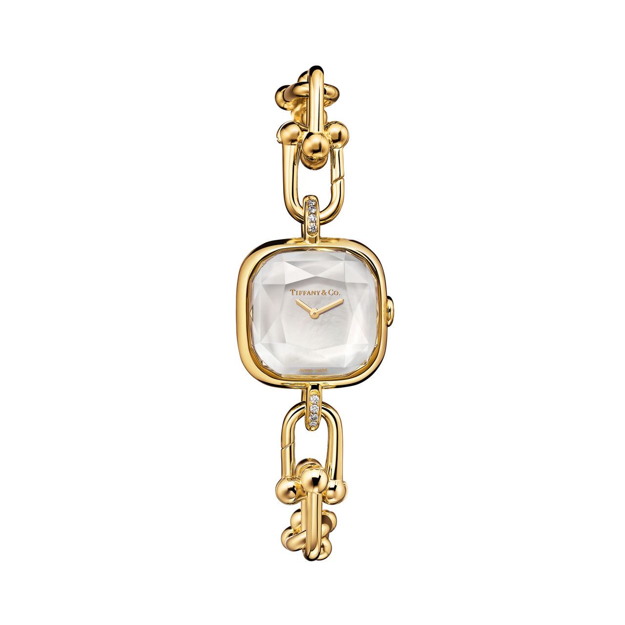 Uhr in Gelbgold mit Diamanten und weißem Perlmutt