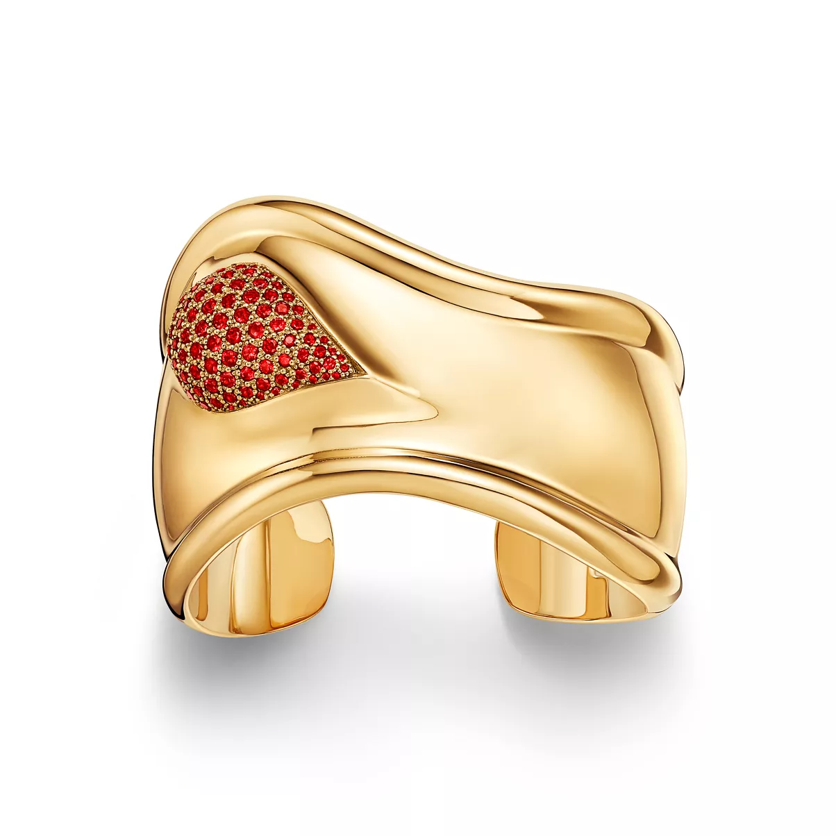 Bone Cuff in Yellow Gold with Pav&eacute; Rubies, 43 mm