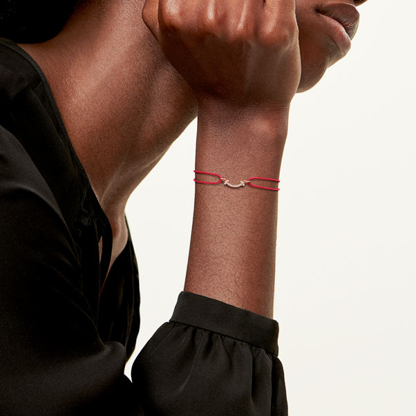 Tiffany T:Smile Bracelet in Rose Gold on a Red Cord with Diamonds