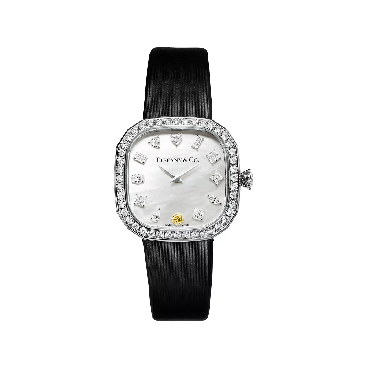 Reloj en forma coj&iacute;n de 28&nbsp;mm de oro blanco con diamantes