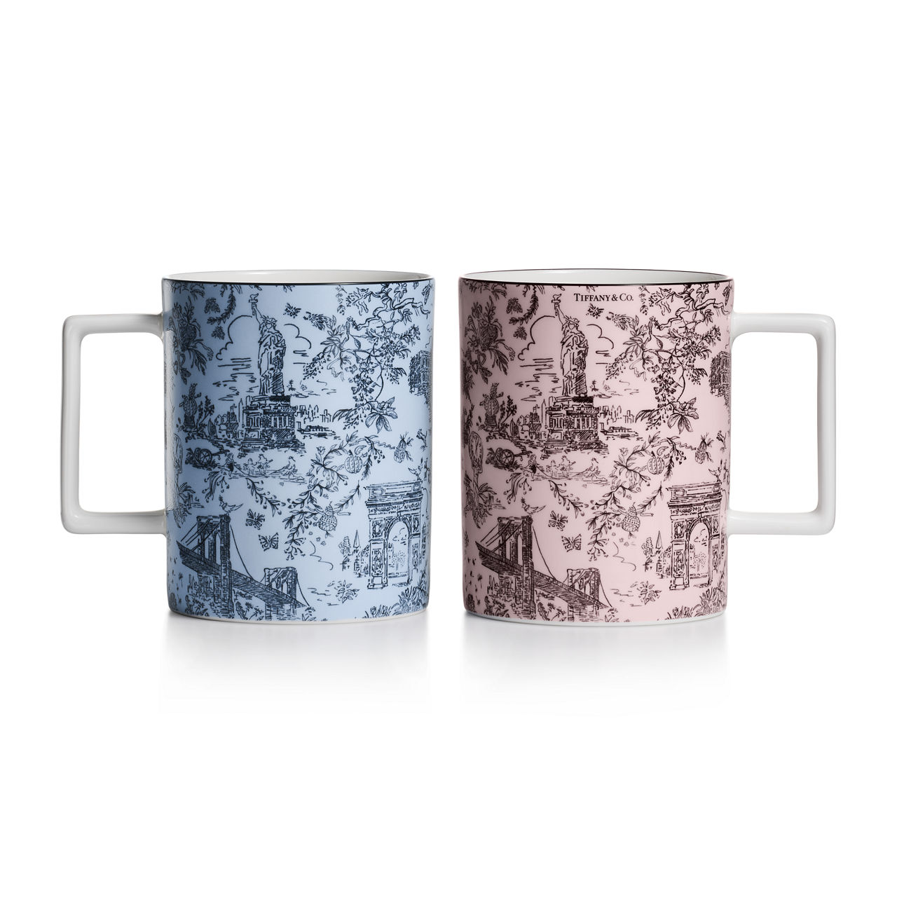 Tassen-Zweierset in Saphirblau und Morganitrosa aus Porzellan